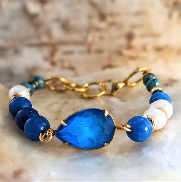 Blue Jade Jewelry - Dark Blue Jade,  Picasso Blue Beads & Pearls Crystal Pendant  Bracelet